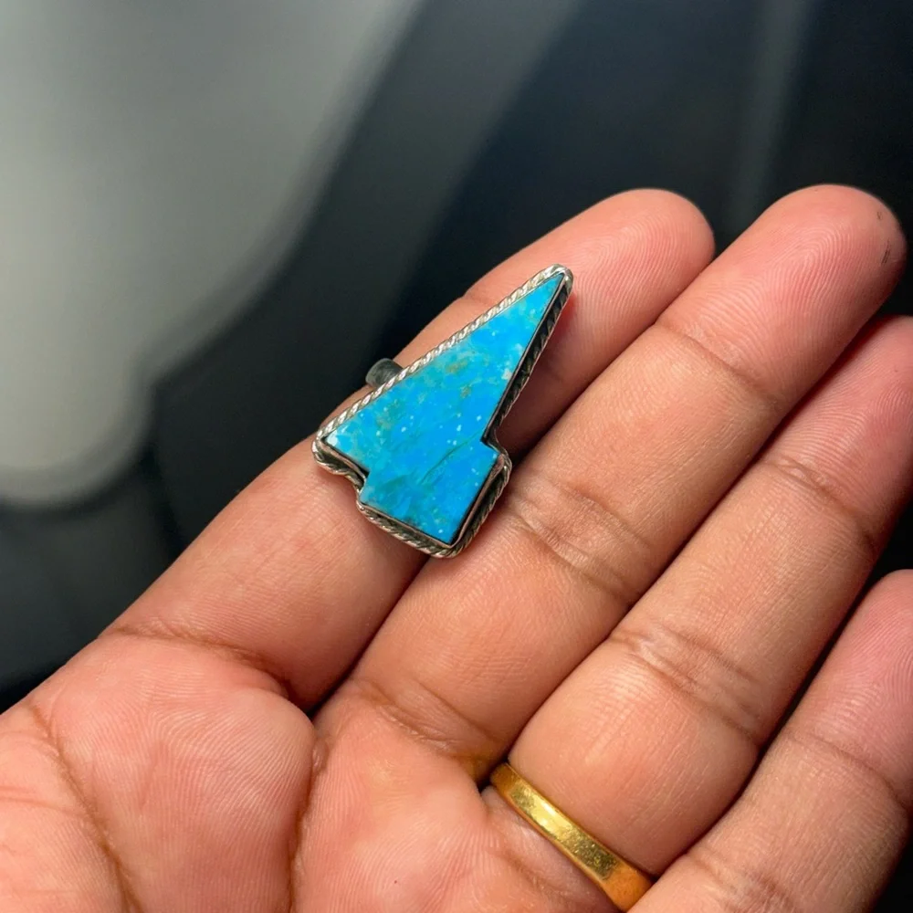 Turquoise Thunderbolt Ring Size 8 925 Sterling Silver Handmade Statement